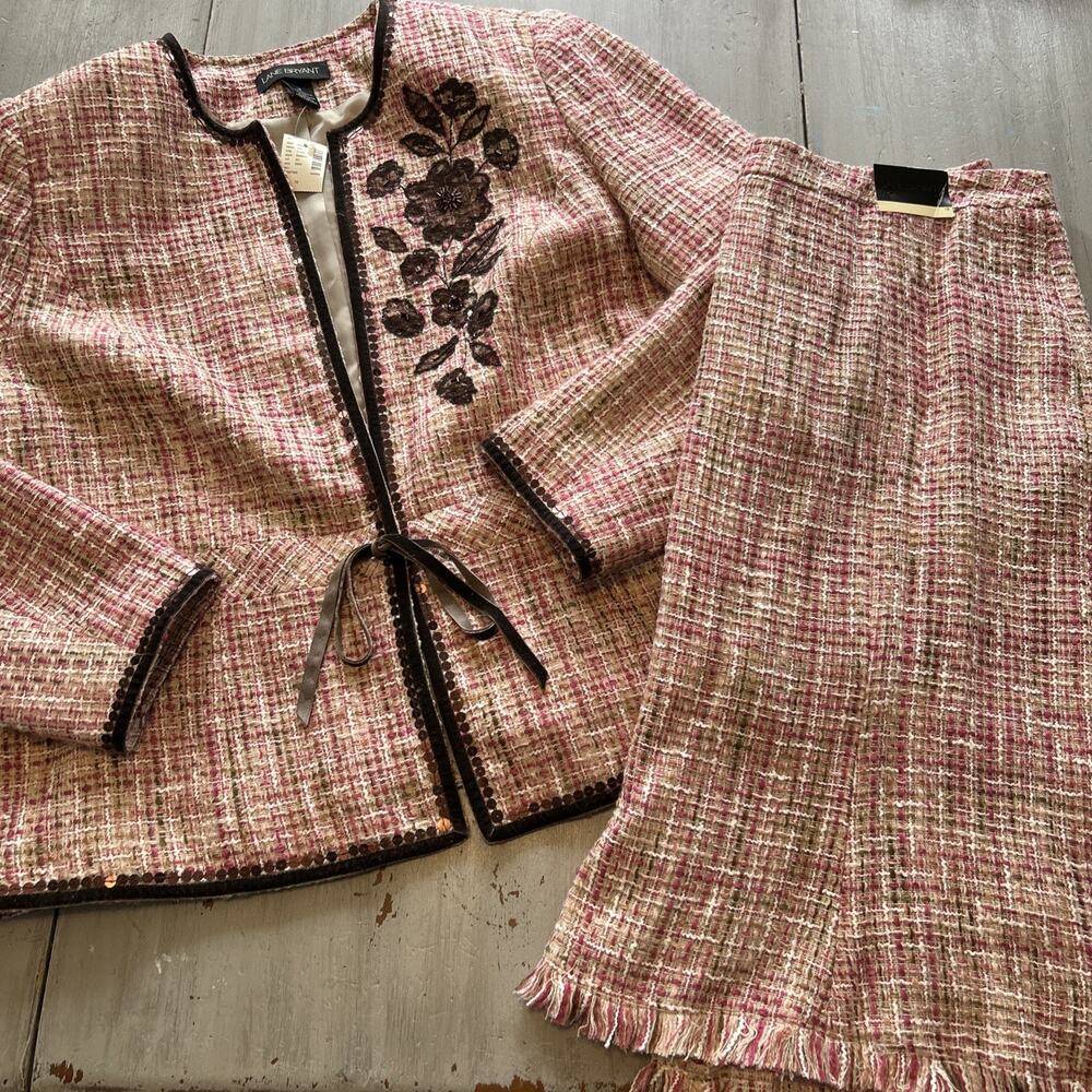NWT Lane Bryant Pink Tweed Chocolate Brown Velvet Trim Skirt Suit 18 Academia